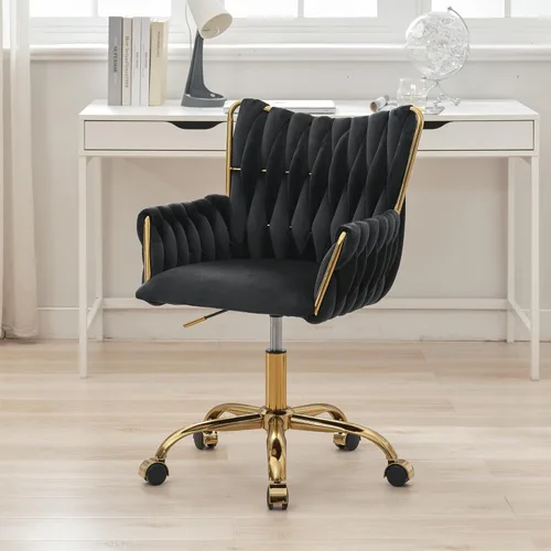 ABET Silla de Escritorio de Terciopelo con Ruedas, Linda Silla de Oficina Giratoria Tapizada, Moderno Sillón Rodante Dorado Tejido a Mano con Altura