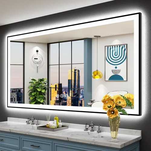 Miniatura 39 de 30x36 Espejo de baño LED con luces, retroiluminado y luz frontal, espejo de tocador iluminado antivaho para pared de baño, 3 colores, regulable