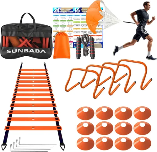 SUNBABA Juego de equipo de entrenamiento de velocidad con escalera de agilidad de 20 pies, 4 obstáculos, 12 conos, cuerda de saltar, paracaídas para