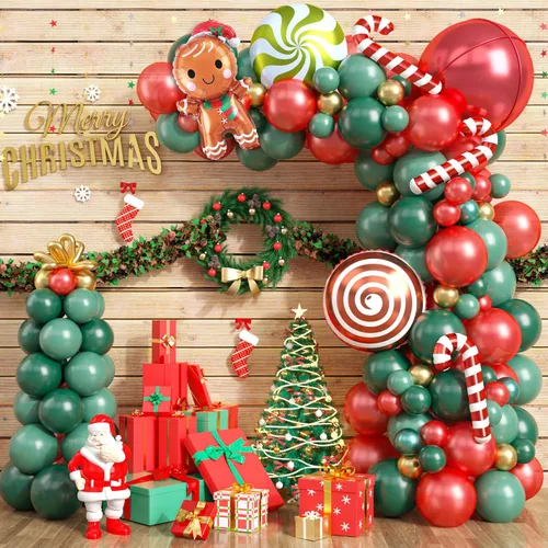 Kit de Guirnalda de Globos de Navidad, 108 Piezas Globos Retro Verde Oscuro Rojo Oro Arco con Globos 4D, Globos de Caramelo en Forma de Bastón de