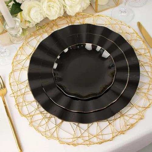 Miniatura 6 de Tableclothsfactory Paquete de 10 platos redondos de plástico negro de 6 pulgadas para ensalada de postre, platos desechables con borde ondulado