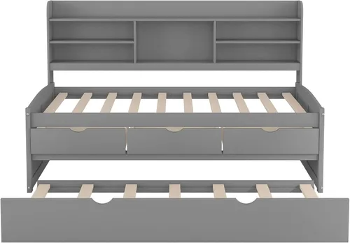 Miniatura 5 de Sofá cama versátil con 3 cajones de almacenamiento y nido, cama capitán de madera de tamaño individual con estantes integrados para sala de estar