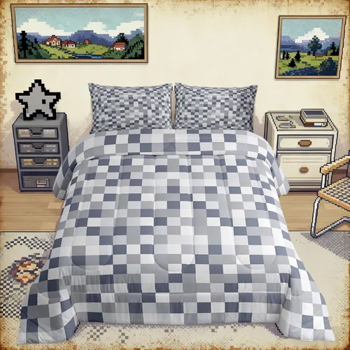 Miniatura 39 de Pixelated Miners - Juego de edredón para niños, tamaño individual, juego de ropa de cama de videojuegos a cuadros geométricos para adolescentes