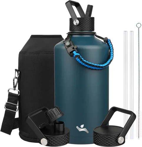 Miniatura 82 de Konokyo - Botella de agua aislada de 18 onzas, botellas deportivas de acero inoxidable con 3 tapas, verde militar