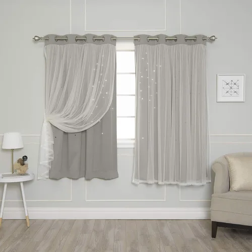 Miniatura 38 de Best Home Fashion Par de cortinas opacas con revestimiento de tul y corte láser, paneles de ventana con ojales plateados para dormitorio, habitación