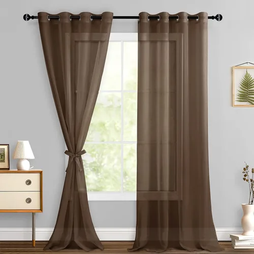 Miniatura 18 de Hiasan - Cortinas traslúcidas de gasa cortas semitransparentes con ojales y alzapaños filtrantes de luz para ventana, dormitorio, baño, 2 paneles