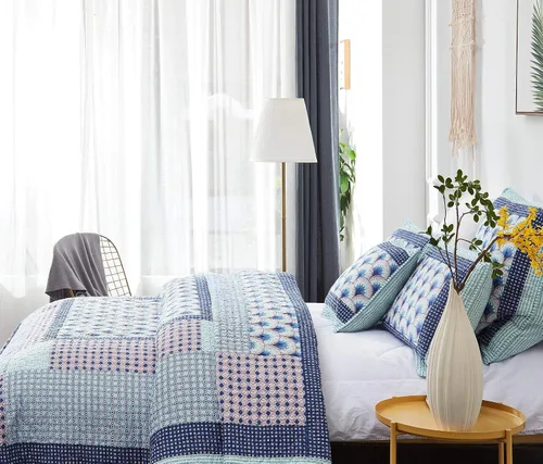Miniatura 5 de DaDa Bedding - Juego de colcha de retazos de algodón mediterráneo, diseño náutico de mediados de siglo, conchas marinas con olas marinas, color azul