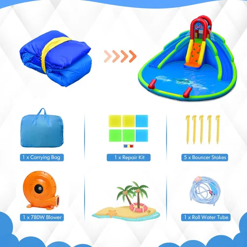 Miniatura 8 de HONEY JOY Toboganes acuáticos inflables, casa de rebote para niños con toboganes largos, pared de escalada y piscina grande para salpicaduras