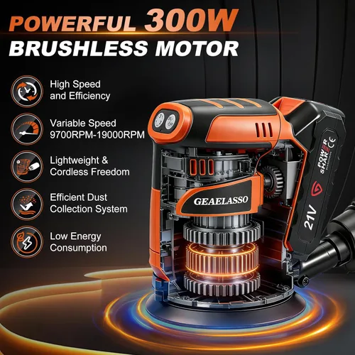 Miniatura 5 de Lijadora orbital aleatoria inalámbrica de 5 pulgadas, lijadora orbital de palma con 3 velocidades variables de 8000 a 13000 RPM con batería