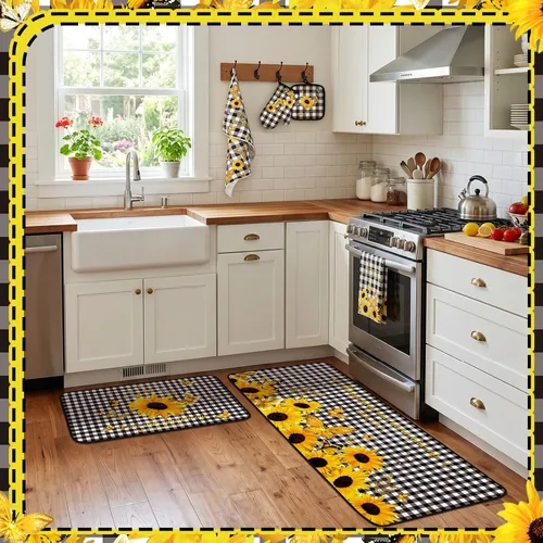 Miniatura 2 de Fourluoo Juego de 10 piezas de decoración y accesorios de cocina de girasol, diseño de búfalo blanco y negro, juego de manoplas de horno y soportes