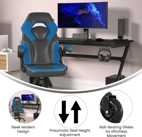 Miniatura 4 de Flash Furniture X10 - Silla de juegos de carreras, oficina, computadora, silla ajustable con brazos abatibles y ruedas de rodillo transparentes, Azul