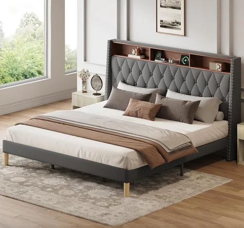 Miniatura 15 de WLIVE Base de cama tapizada de tamaño matrimonial con cabecera de ala de 48 pulgadas de alto, cama cuadrada de terciopelo con estación de carga