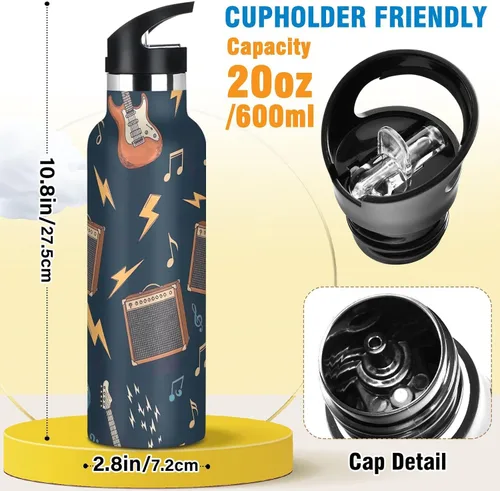 Miniatura 2 de Kids Water Bottle with Straw for School 20 Oz Water Bottle Insulated for Boys Girls, BPA-Free, Cute Guitars Dark Blue