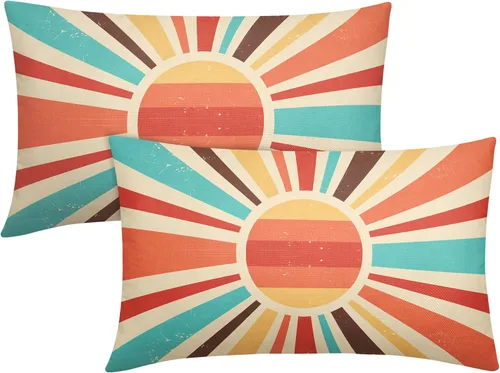 Miniatura 6 de Juego de 2 fundas de almohada verdes bohemias de 16 x 16 pulgadas, diseño bohemio, amanecer, puesta de sol, estampado abstracto de sol, fundas