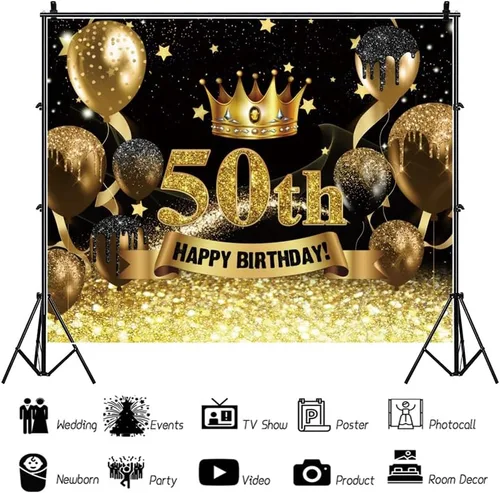 Miniatura 8 de Telón de fondo para fotografía de cumpleaños número 50 para mujeres y hombres, globo con purpurina negra y dorada, telón de fondo para fotos