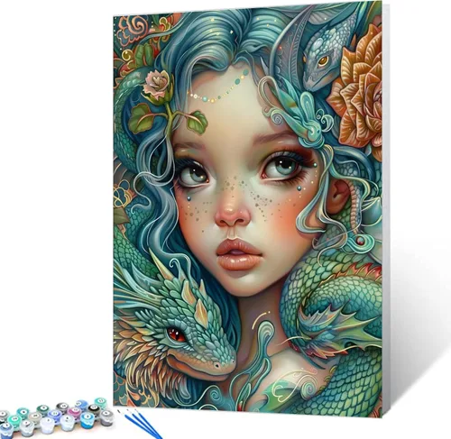 Miniatura 11 de Kit de pintura de cabeza de niña con flores, por números, con pinceles, animales, gatos, pintura al óleo acrílica para adultos y niños, plantas