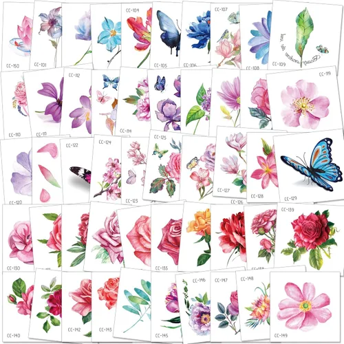 Konsait 50 hojas de tatuajes temporales de flores para mujeres, adolescentes y niñas, pequeño tatuaje temporal para adultos, impermeable, arte