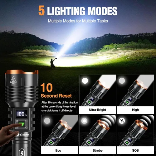 Miniatura 5 de Wdtpro Linternas LED Recargables de Alto Lúmenes, Linterna Recargable Súper Brillante de 90,000LM con Pantalla LCD, 5 Modos e Impermeable Potente