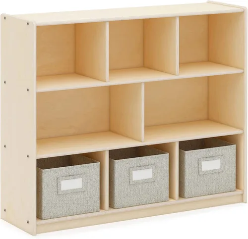 Guidecraft EdQ - Estante de almacenamiento natural con 3 compartimentos de tela: estantería de madera y organizador de juguetes para niños, unidad
