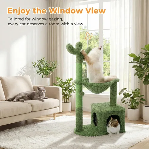 Miniatura 3 de MUTTROS Árbol de gato Cactus de 40" con torre para gatos, hamaca de alfombra grande de metal, poste para arañar para gatos de interior con Verde