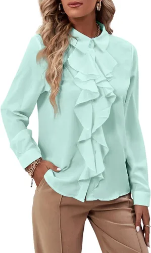 Miniatura 36 de LYANER - Blusa de manga larga con cuello de botón y volantes en la parte delantera para mujer