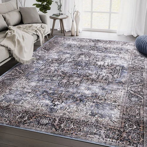 Abani Alfombras rectangulares de 4 x 6 pies, lavables a máquina, color azul, marrón, negro, estilo vintage con alfombras, polipropileno, no