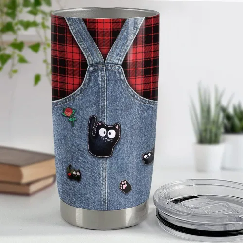 Miniatura 3 de SANDJEST Vaso personalizado de gato negro con texto en inglés «Just A Girls Who Loves Cat», vasos de 20 onzas y 30 onzas con tapa, regalo