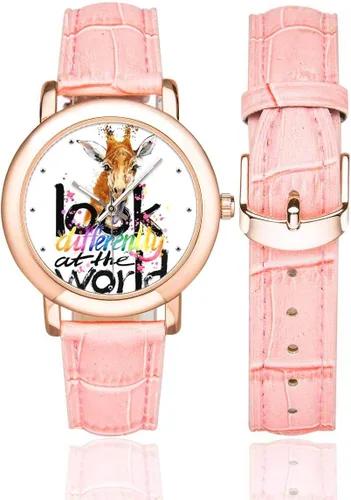 Miniatura 2 de Giraffe Funny Animal - Reloj de pulsera con correa de cuero rosa para mujer, chapado en oro rosa
