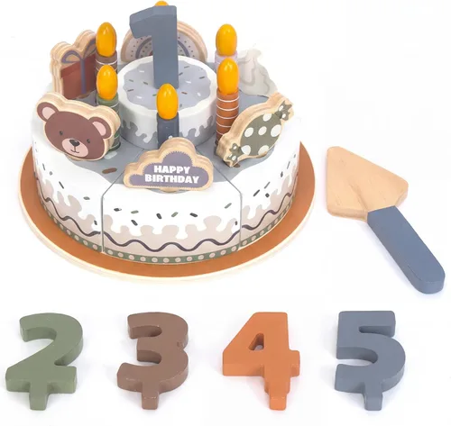 Miniatura 11 de Comida de juego de simulación para niños pequeños de 2 a 5 años, pastel falso de cumpleaños de madera con velas y números, fiesta de té, juguetes