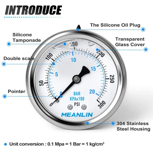 Miniatura 4 de MEANLIN MEASURE - Manómetro electromecánico de acero inoxidable, relleno de líquido, esfera con cara de 2.5 pulgadas, NPT de 1/4 de pulgada, agua