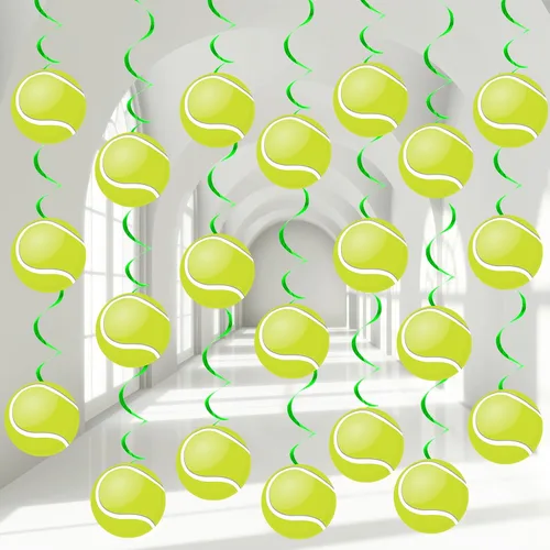 60 piezas de decoración de remolinos de papel de aluminio para fiesta de tenis, pancartas colgantes de techo con pelota de tenis, decoración de