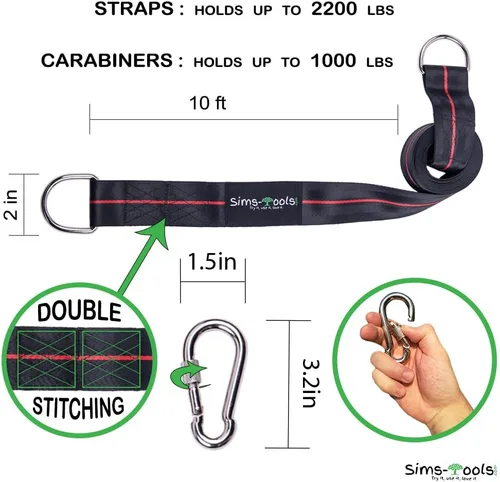 Miniatura 3 de Kit para colgar correas de columpio de árbol, dos ganchos de 10 pies extra largos y resistentes de 2200 libras y dos mosquetones de bloqueo seguros