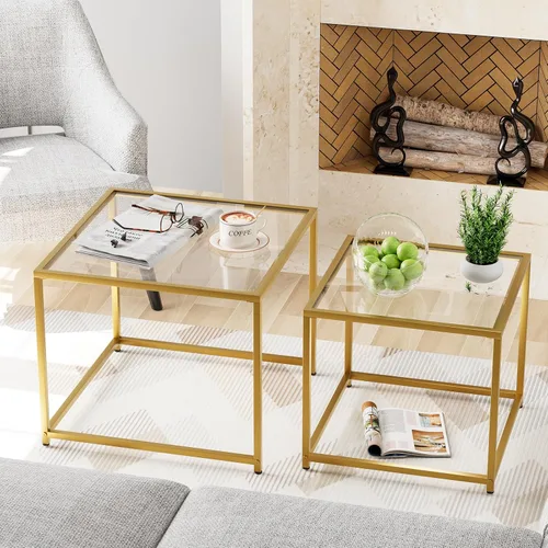 Miniatura 10 de Garden 4 you Juego de 2 mesas auxiliares modernas, mesa anidable de cristal, juego de mesa central cuadrada con marco de metal, mesas auxiliares