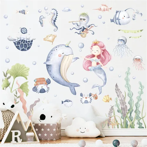 Miniatura 7 de WAFT YEARN Vinilo extraíble con diseño de sirenas y medusas subacuáticas de animales del océano, decoración de pared para guardería, escuela, aula