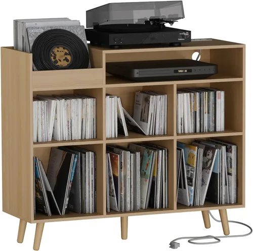 Miniatura 12 de Cozy Castle Soporte grande para tocadiscos con armario de almacenamiento de vinilo, mesa giratoria de madera, soporte abierto para hasta 500 Negro