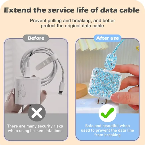 Miniatura 4 de CameCosy Protector de cable de lujo compatible con cargador de iPhone, diseño de borde ondulado con purpurina, funda USB de línea de datos, Azul