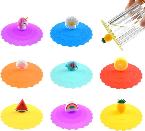 8 tapas de silicona para tazas, coloridas tapas herméticas antipolvo de grado alimenticio con diseño de mango divertido, reutilizables y lindas