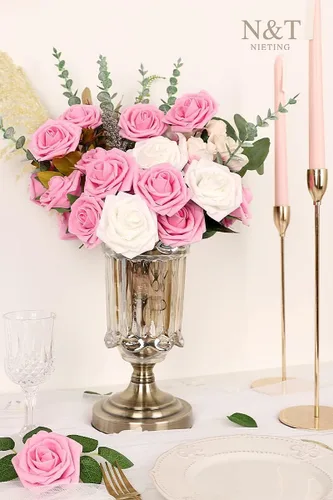 Miniatura 116 de N&T NIETING Flores artificiales, rosas artificiales de color rosa intenso, 50 piezas de flores falsas con tallo para ramos de boda DIY, centros