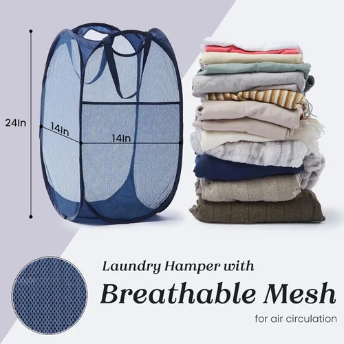 Miniatura 5 de TECHMILLY Cesta plegable de malla para la ropa sucia con asas resistentes y bolsillo lateral, cestas plegables portátiles para ropa para dormitorio
