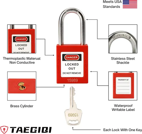 Miniatura 4 de Cerraduras de bloqueo con núcleo de latón, con llave diferente, 10 cerraduras de loto rojas, candados de seguridad compatibles con OSHA para kits
