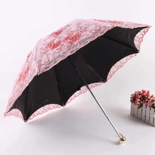 Miniatura 122 de Honeystore Sombrilla bordada con flor 3D plegable UV con encaje clásico