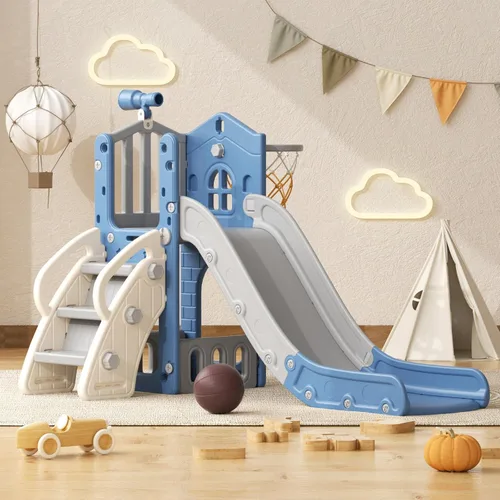 Miniatura 10 de YUFU Tobogán 5 en 1 para niños pequeños, tobogán para niños con escalador, aro de baloncesto y pelota, juego para interiores y exteriores para niños