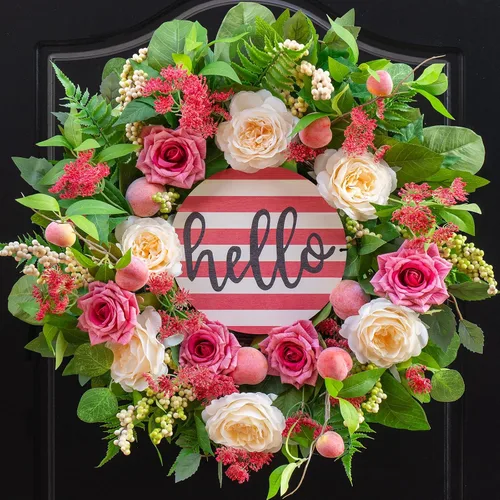 Miniatura 7 de Coronas de primavera y verano para puerta delantera exterior, corona de verano floral de peonía y rosa de 24 pulgadas con decoración de puerta