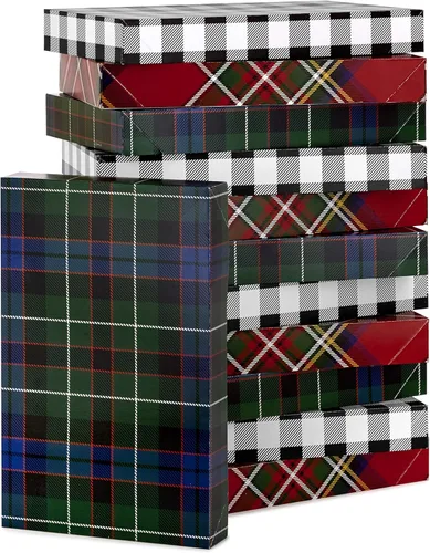 Hallmark Cajas de regalo medianas con tapas (12 cajas de camisas, 3 diseños: cuadros de búfalo, cuadros rojos, tartán verde) para Navidad, fiestas