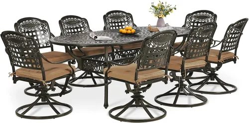Miniatura 22 de Juego de comedor de patio de 9 piezas, mesa y sillas de patio al aire libre, mesa de comedor ovalada de aluminio fundido de 84 pulgadas con agujero