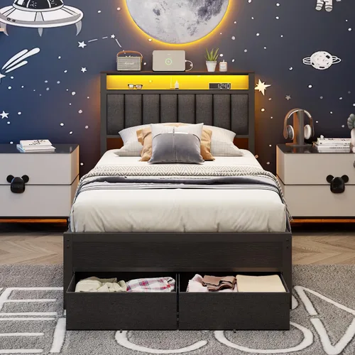 Miniatura 6 de Furnulem Bases de Cama Individual con Estación de Carga y Luces LED, Cabecero Tapizado Gris con Estantes, Cama de Plataforma de Metal con 2