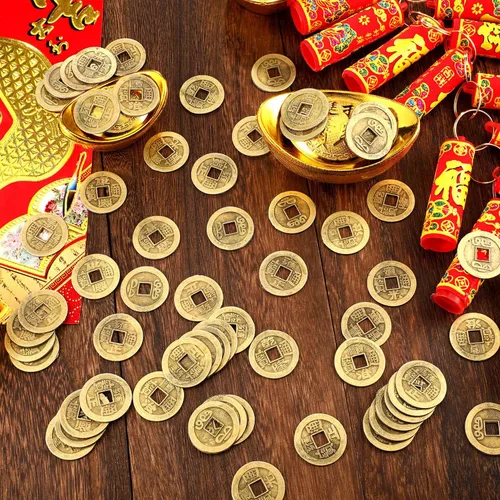 Miniatura 2 de Boao 100 Piezas Monedas Chinas Monedas de Año Nuevo Chino Feng Shui Monedas I-Ching Ornamento para Riqueza y Buena Suerte (1.1 Pulgadas)
