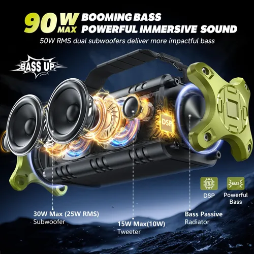 Miniatura 2 de Altavoces Bluetooth, W-KING Altavoz Bluetooth portátil fuerte de 50 W de graves profundos, IPX6 impermeable para exteriores con sonido estéreo Verde