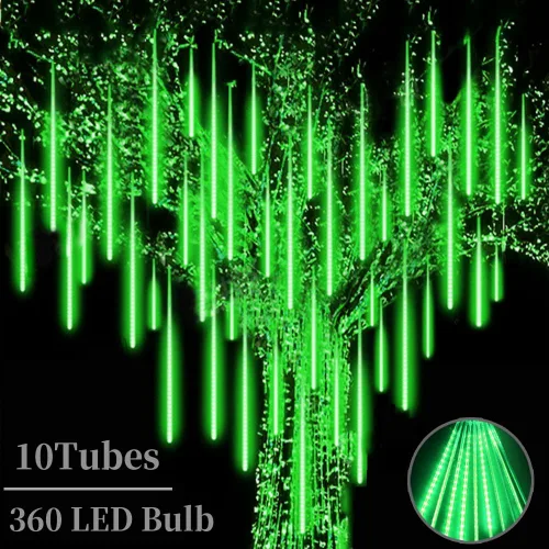 Luces de lluvia de meteoritos de 10 tubos de 12 pulgadas de alto brillo, 360 LED, luz de lluvia en cascada para decoración de lluvia de árbol de