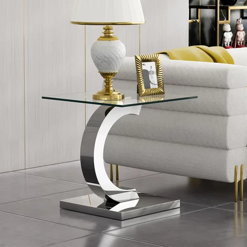 Miniatura 11 de SSLine Mesa auxiliar de cristal de lujo para sala de estar, mesa auxiliar moderna dorada con base de pedestal de acero inoxidable en forma de flor
